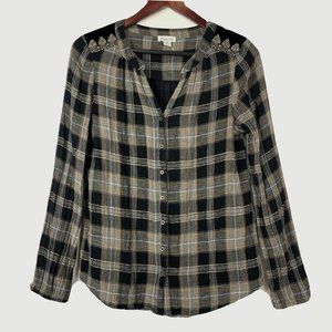 Sundance Regal Plaid Black Brown Gold Metallic Stripe Velvet Button Down Top S